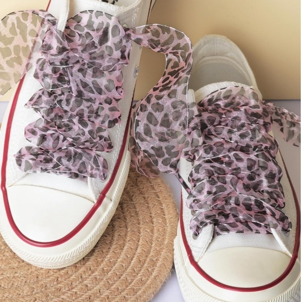 Pink Leopard Organza Ribbon Shoelaces Wide Sheer Animal Print Laces for Sneakers